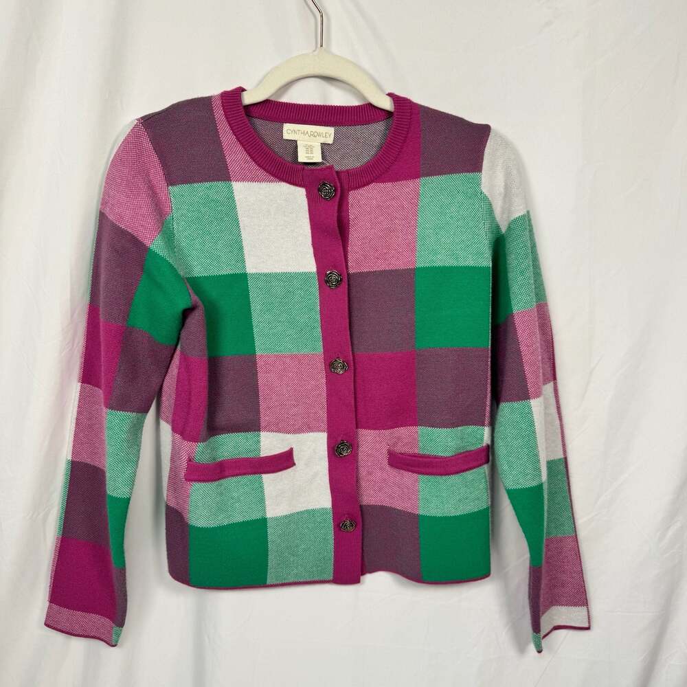 Cynthia Rowley Plaid Colorblock Cardigan with Rose Buttons Size XS